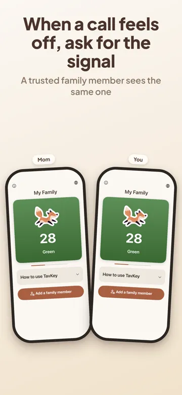 Screenshot: two family phones showing the same green fox and the number 28